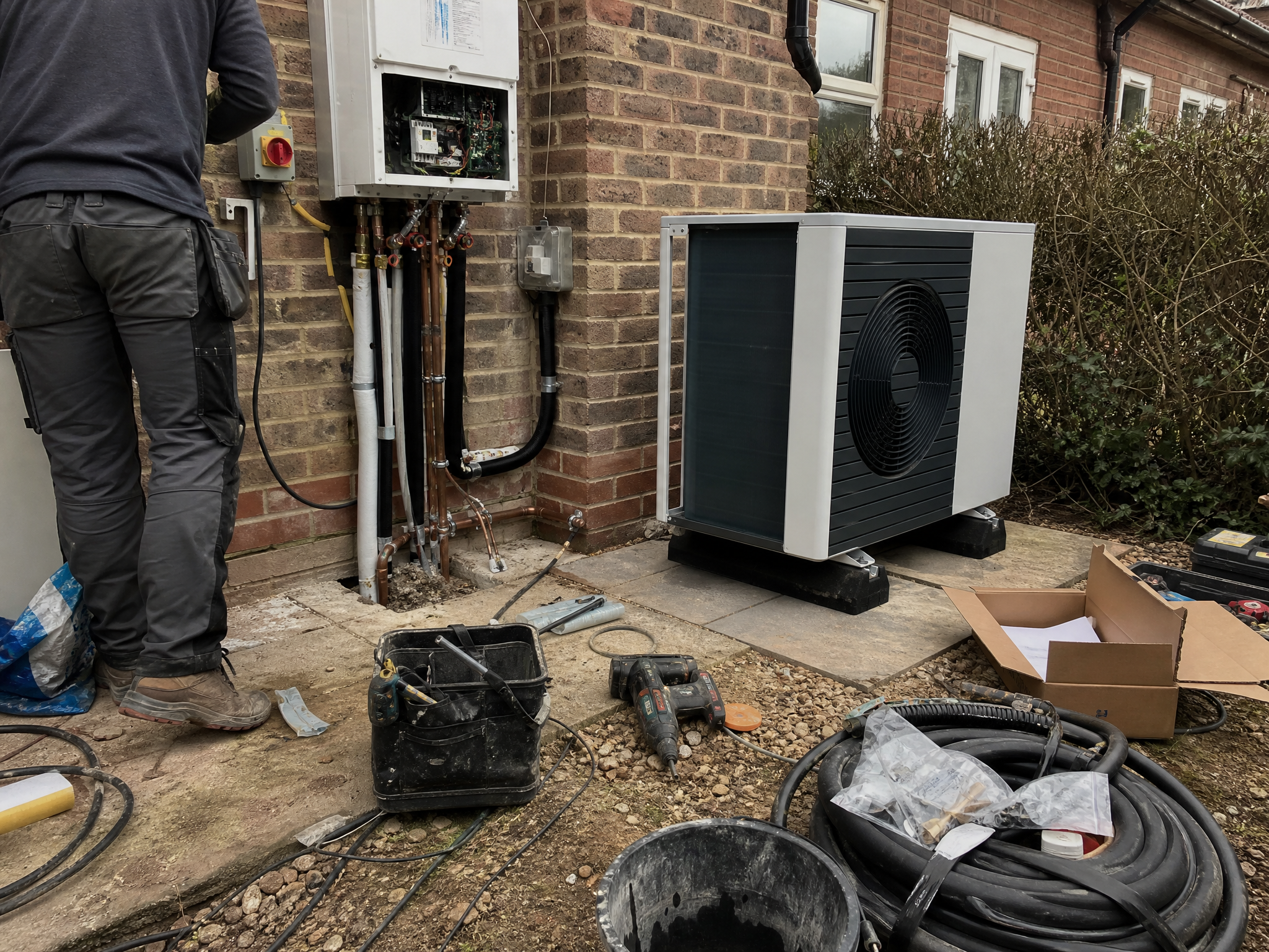 Overview of heat pump installation work in progress at a British residential property