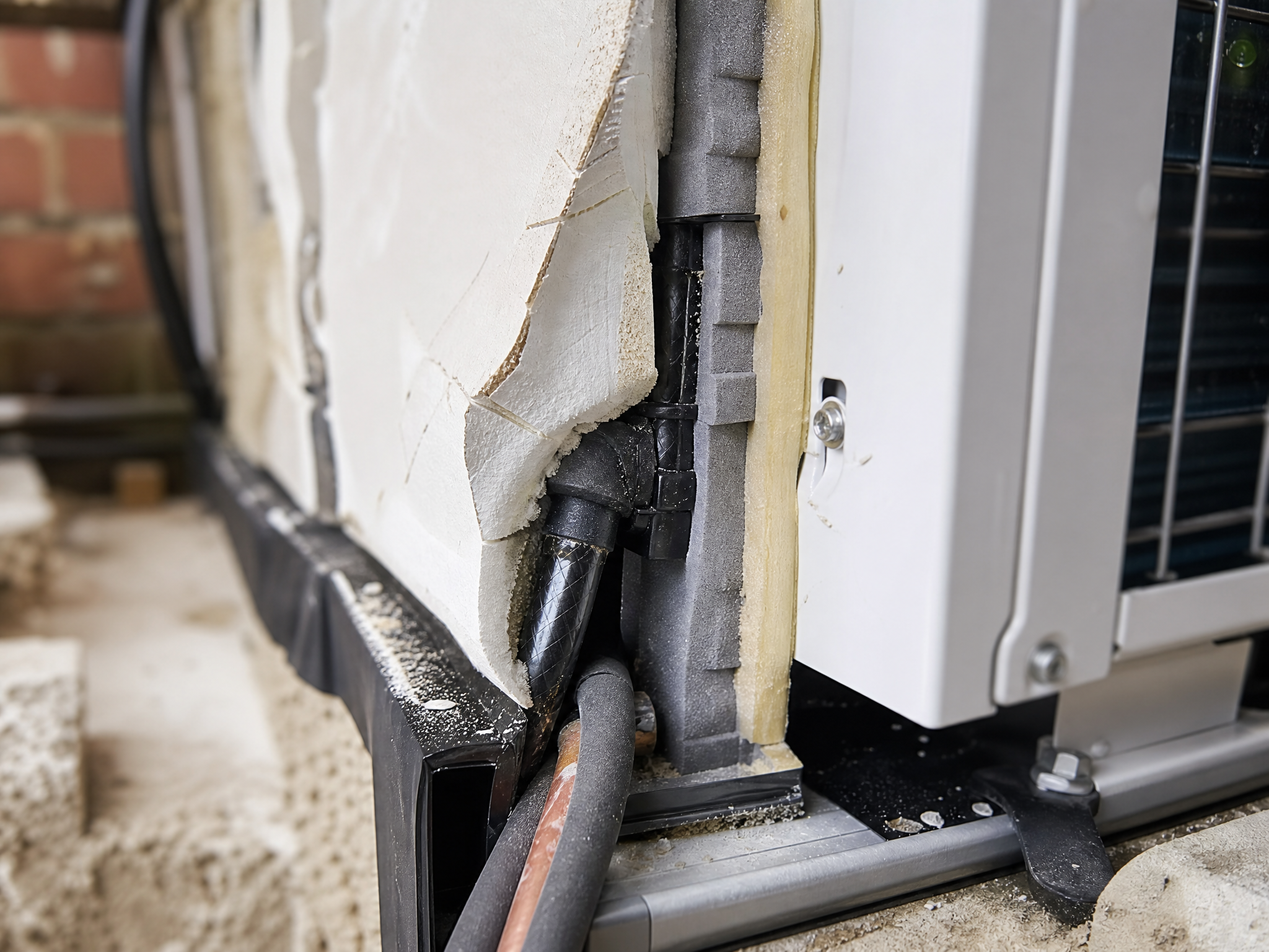 Close-up detail of materials and technique used in gas boiler to heat pump replacement — showing quality