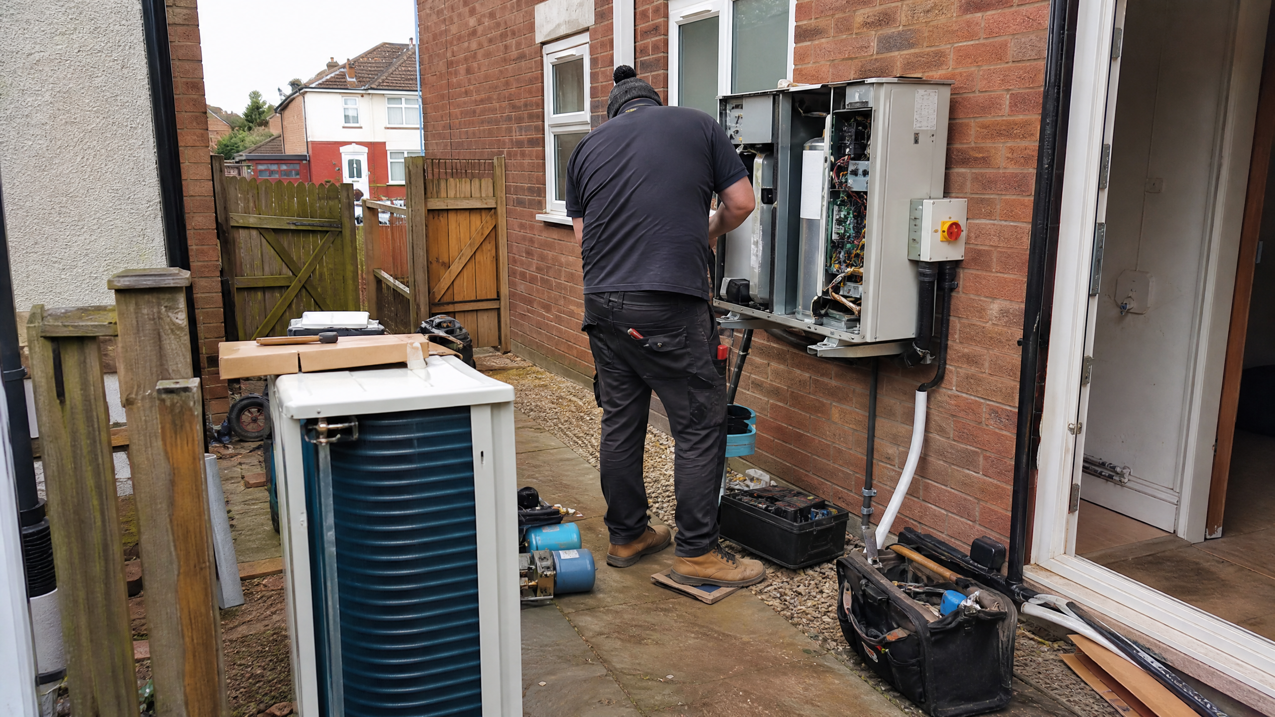 Heat Pump Repairs in progress at a British residential property — professional service in Walsall