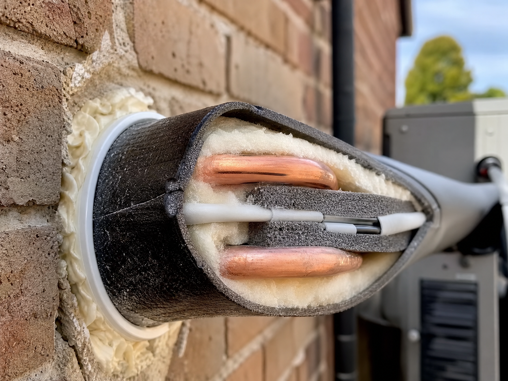 Close-up detail of materials and technique used in heat pump servicing — showing quality