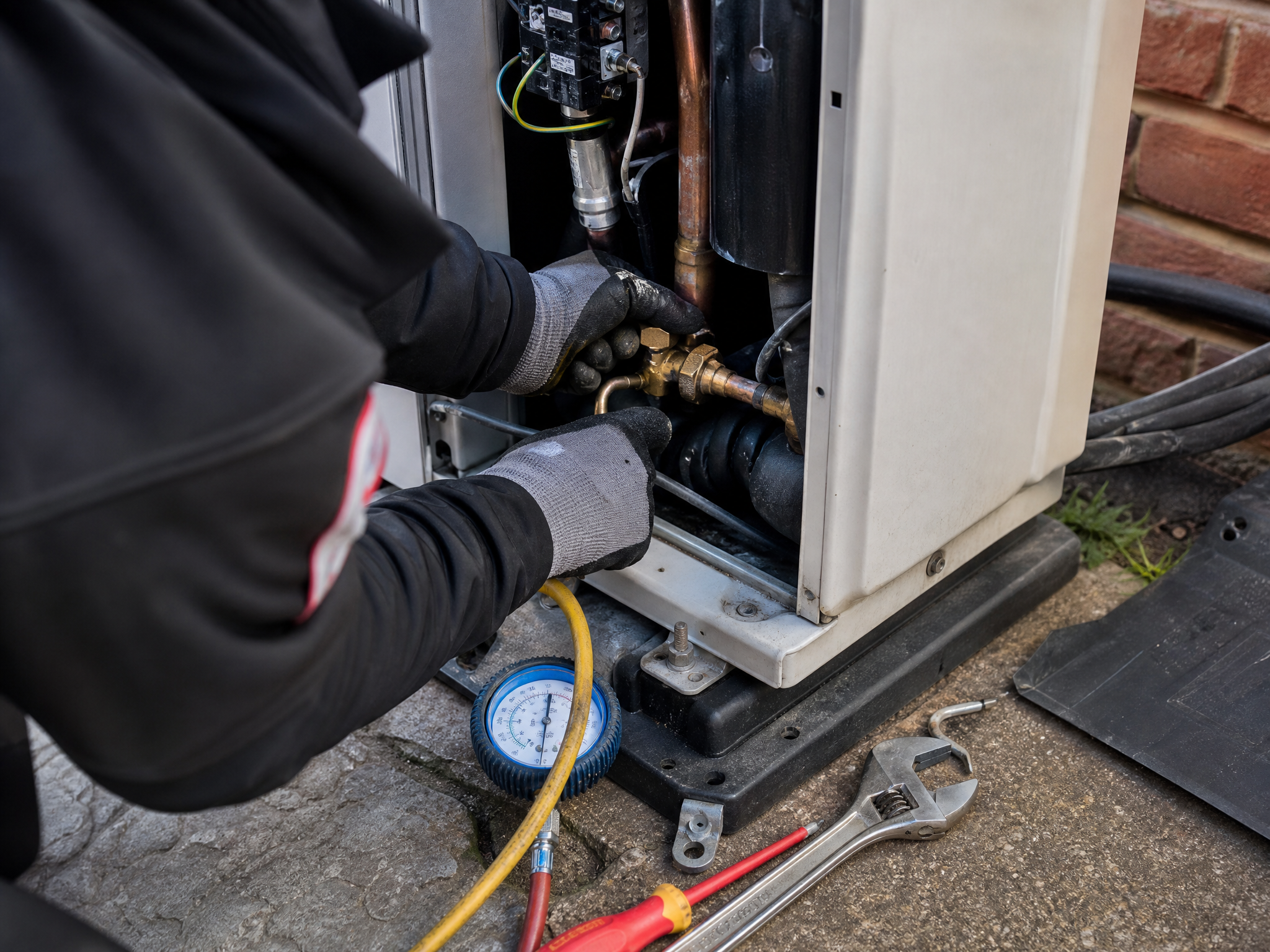 Professional installer carrying out heat pump servicing in a UK residential property