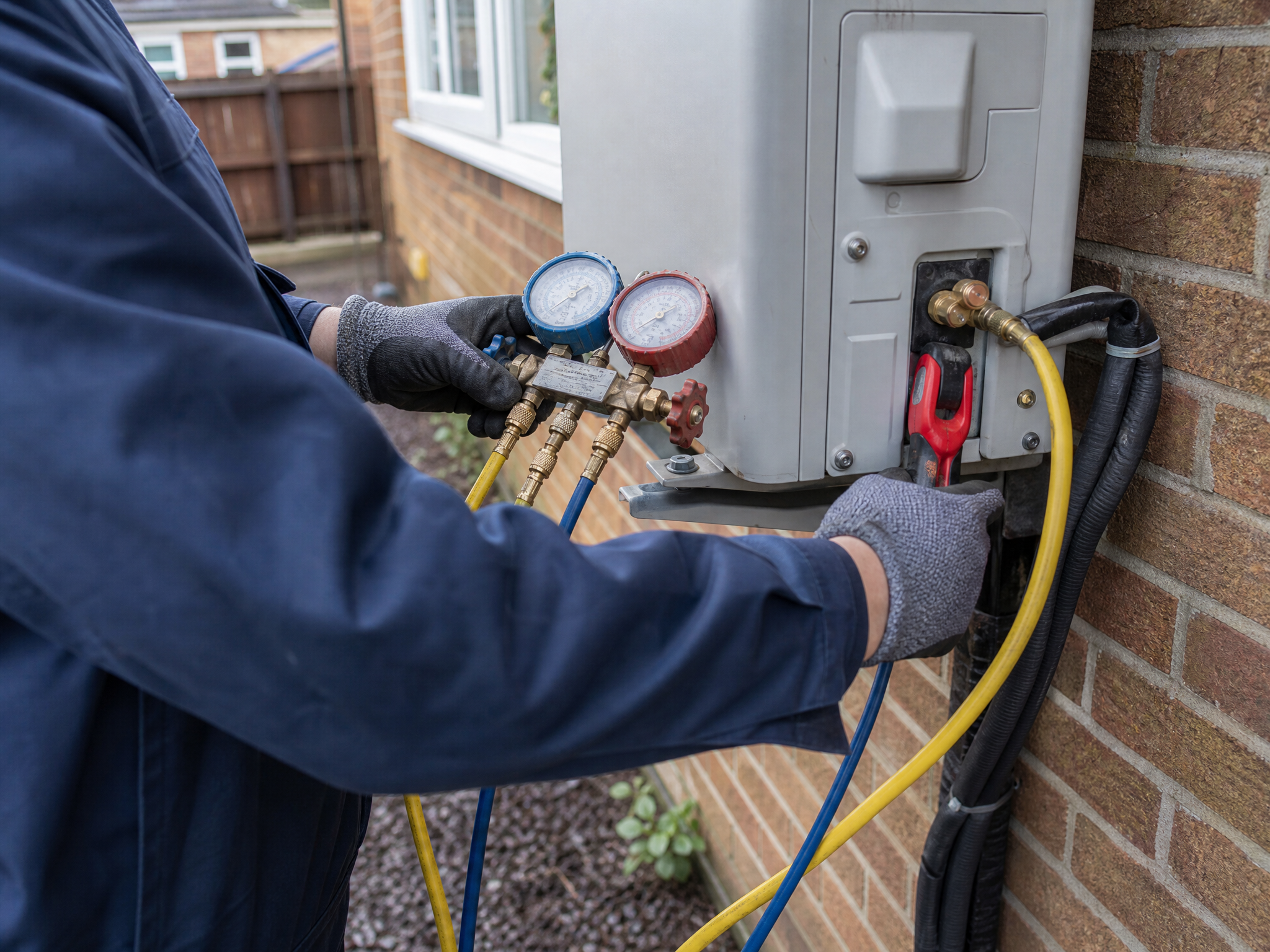 Professional installer carrying out heat pump surveys in a UK residential property