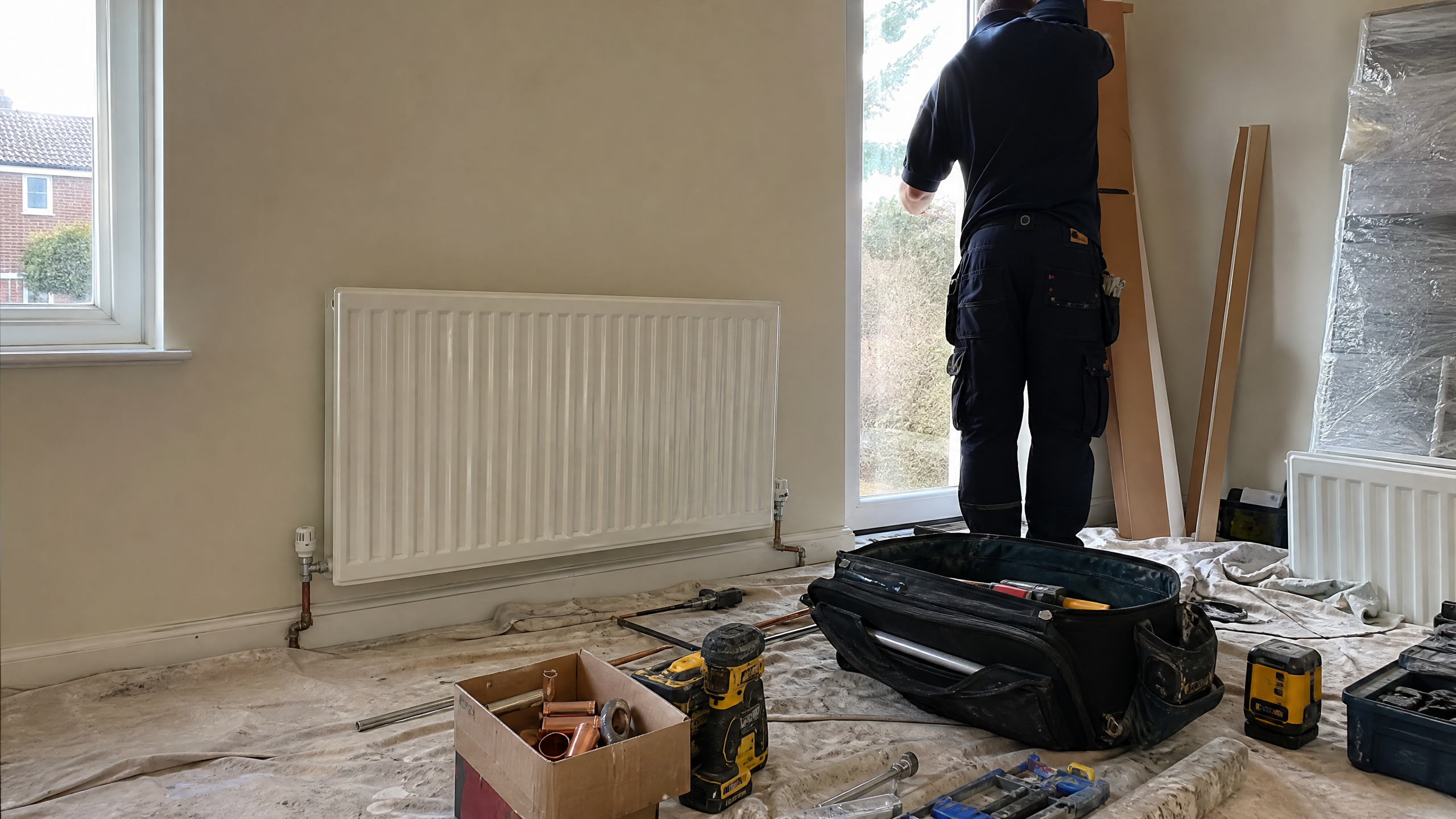 Radiator Upgrades for Heat Pumps in progress at a British residential property — professional service in Walsall