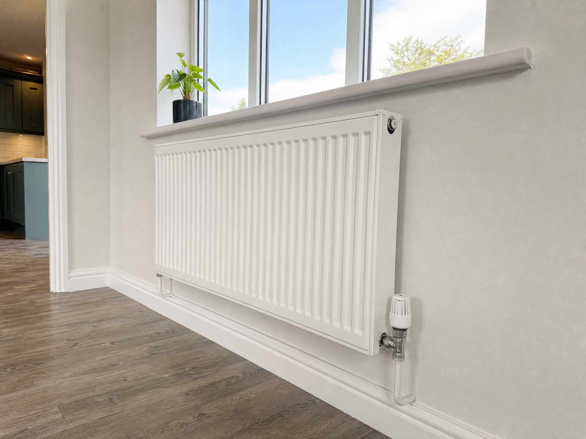 Completed radiator upgrades for heat pumps showing professional quality workmanship in a British home