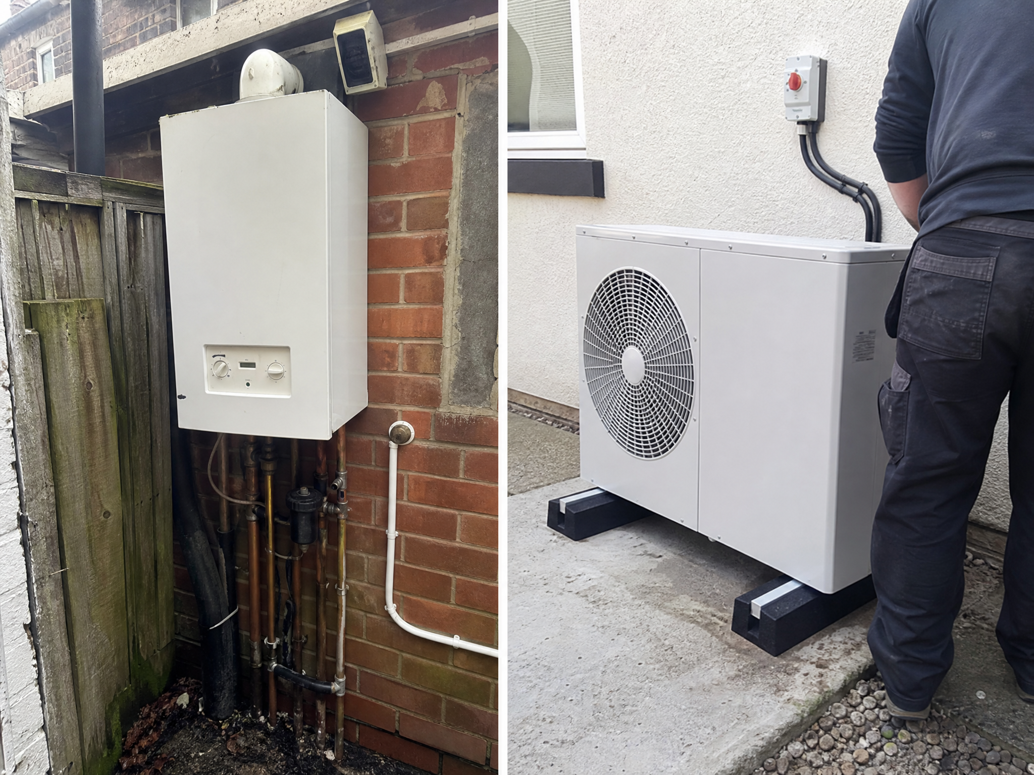 Before and after comparison showing the results of professional gas boiler to heat pump replacement