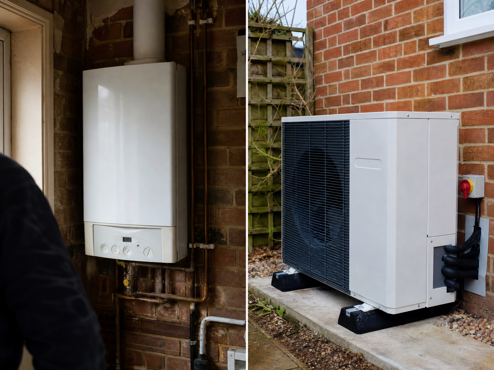 Before and after comparison showing the results of professional gas boiler to heat pump replacement