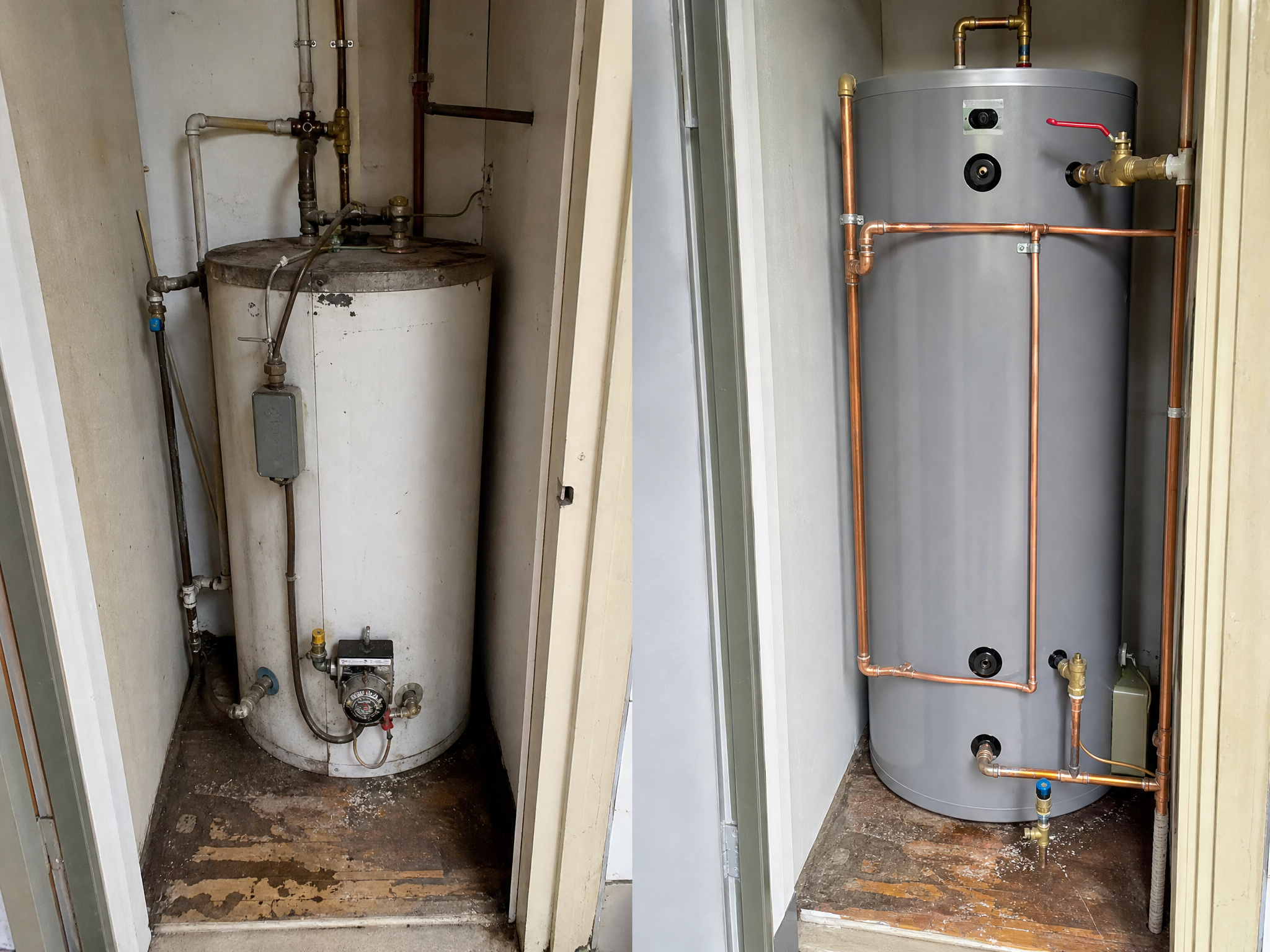 Before and after comparison showing the results of professional hot water cylinder installation