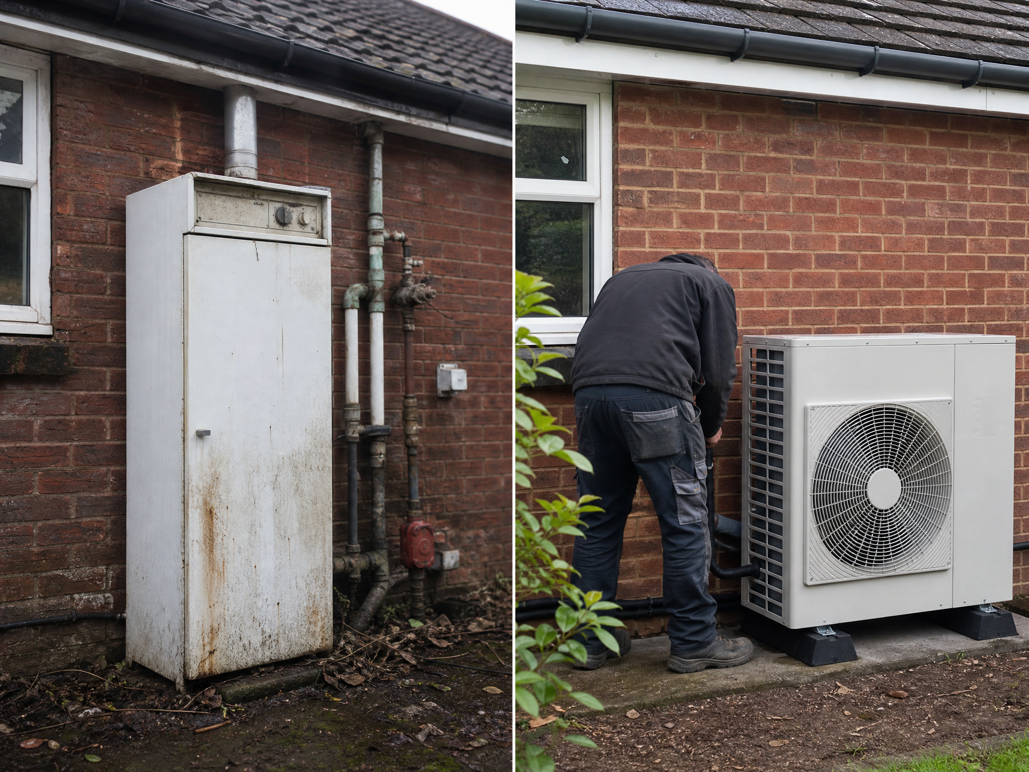 Before and after comparison showing the results of professional air source heat pump installation